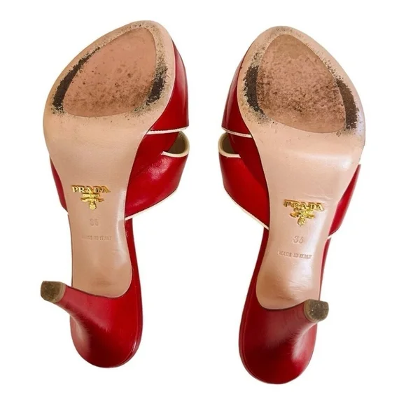 Prada Vitello Raspberry Beige Leather Platform Peep Toe High Heel Sandals